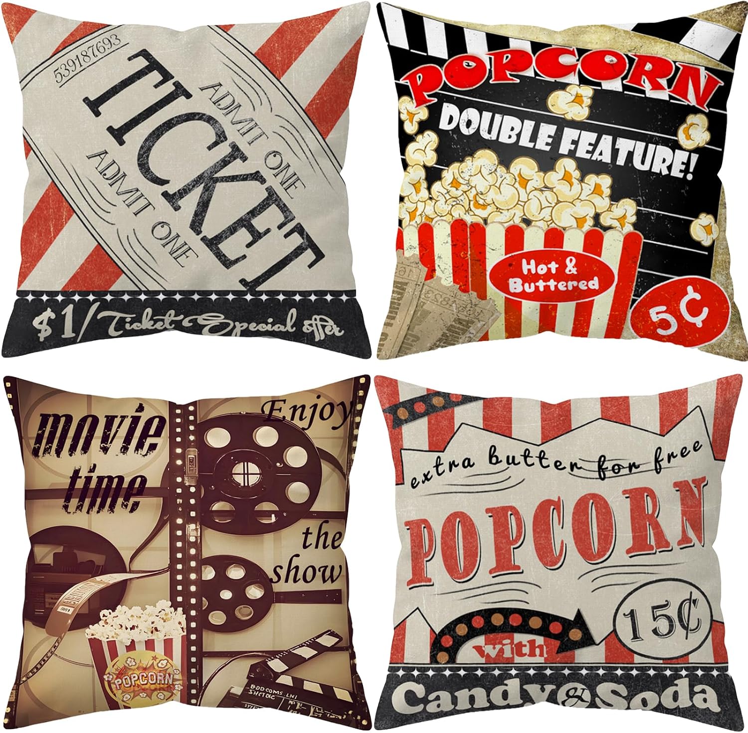 4Pcs Retro Cinema Throw Pillow - Home Cinema Tickets ulasan dan harga